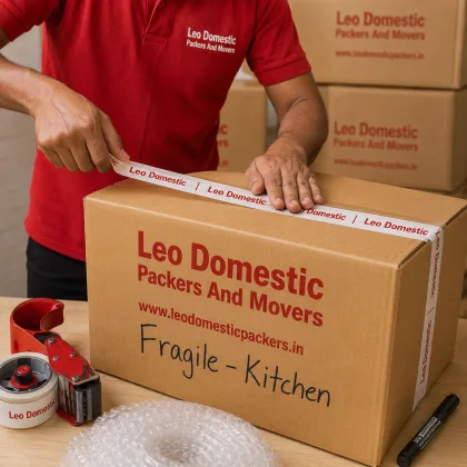 Leo Domestic Packers And Movers - Labelling a Fragile Carton